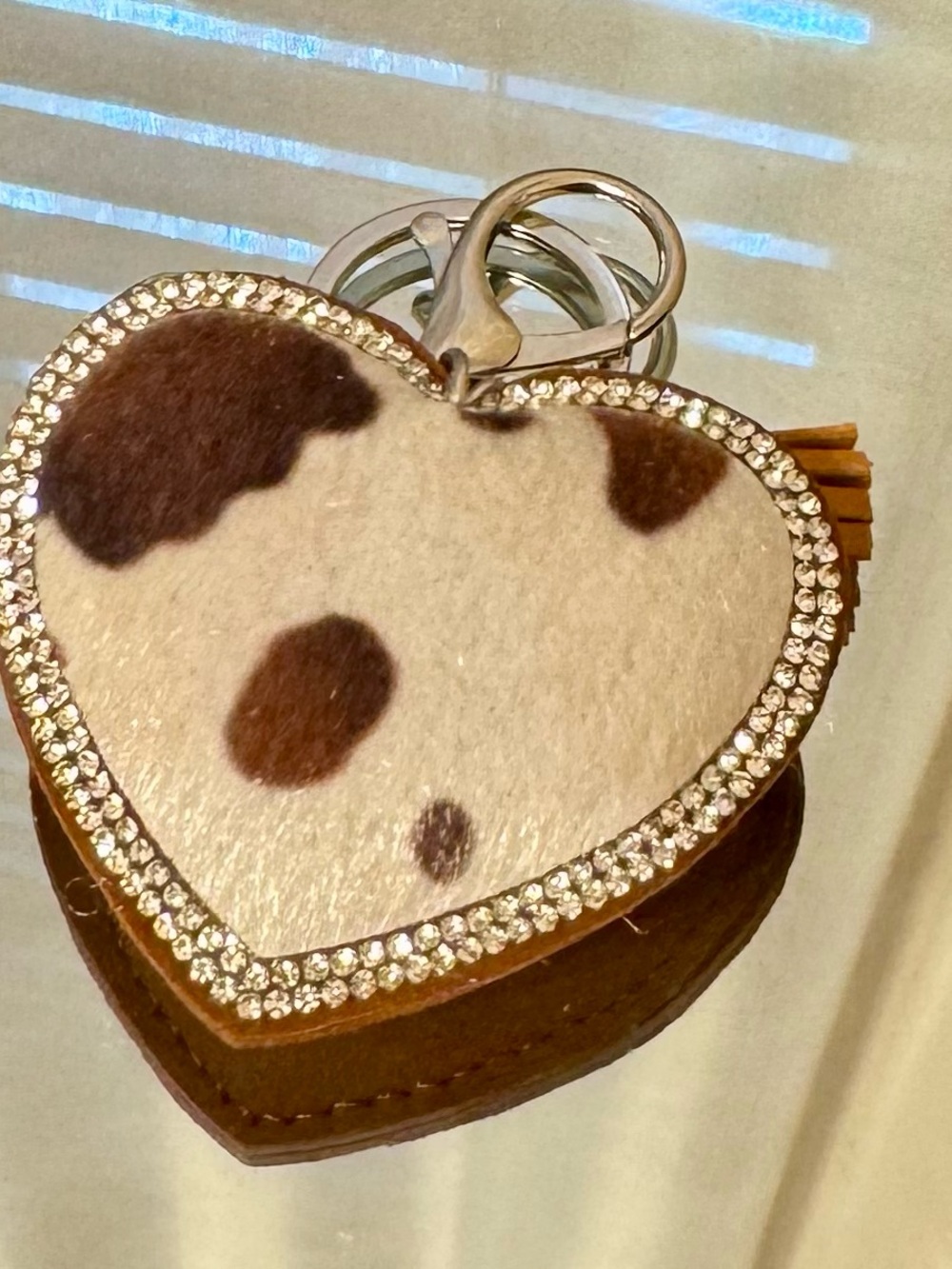 New Heart Shaped Brown & White Cowhide Keychain with Rhinestone Trim